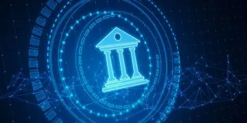 Glowing digital bank icon over a network, representing Cyprus companies as payment and operational gateways for international business